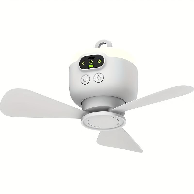 Portable USB Rechargeable Ceiling Fan with LED Light, 8000mAh Battery, Remote Control, White, Lightweight Plastic, Portable Fan