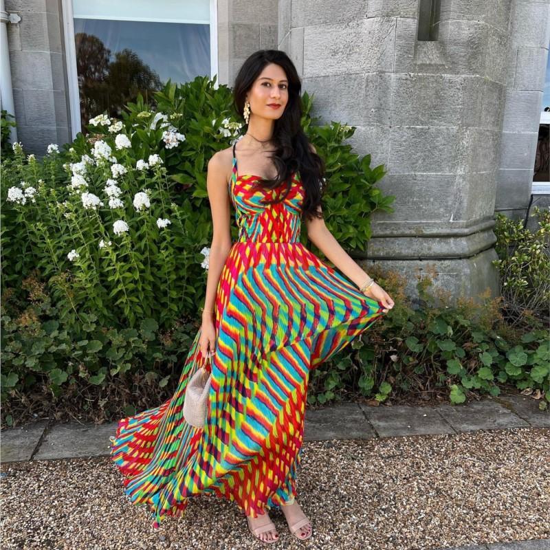 Контрастные платья-макси с принтом на бретельках для женщин, пляжное цветное свободное платье без рукавов с открытой спиной, летнее платье для отдыха