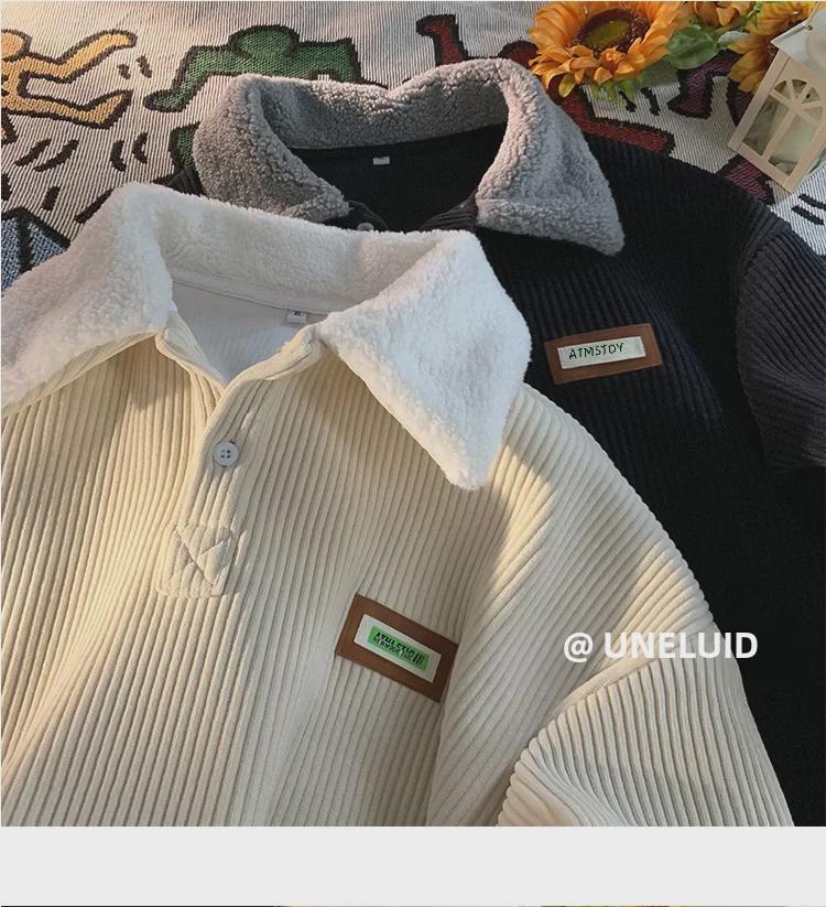 Мужская вельветовая толстовка с воротником-поло, осенне-зимний стиль, плюс бархатная утолщенная куртка из овечьей шерсти для подростков в гонконгском стиле