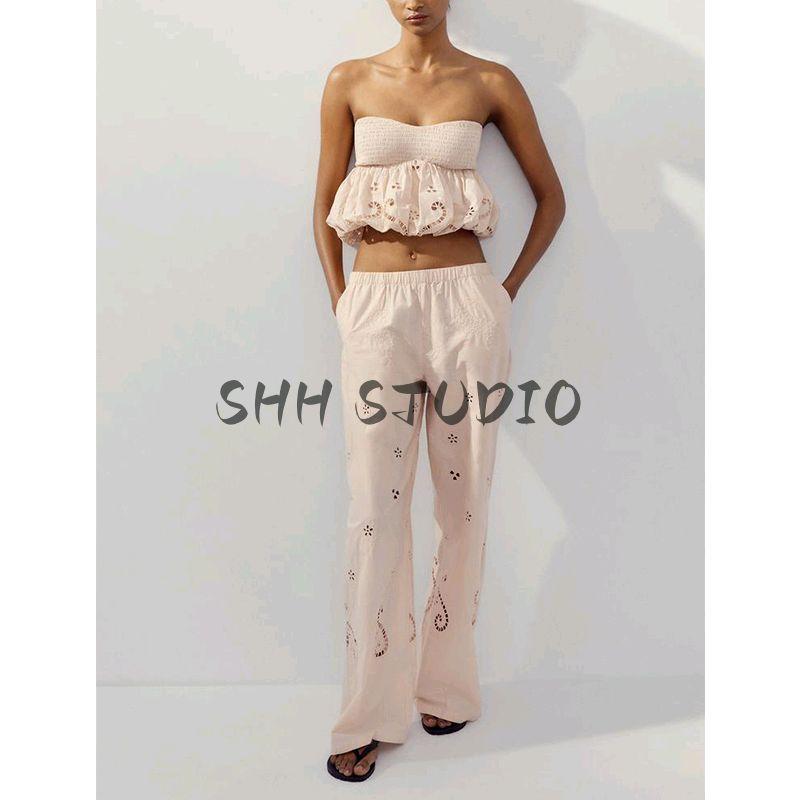 Summer New Balloon Version Tops 7200007 Embroider Cotton Mid Waist Casual Pants 7200406
