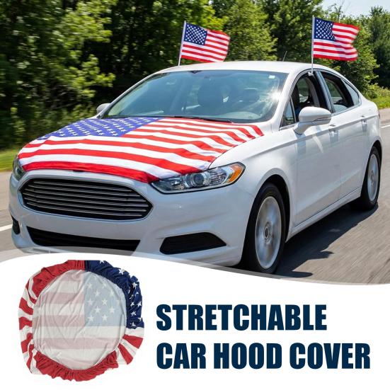 American Flag Car Hood Cover 63 X 47 Inch Stretchable Polyester Spandex Fabric Fits Most Cars Trucks SUVs with Small Decorative Flags Secure Clips