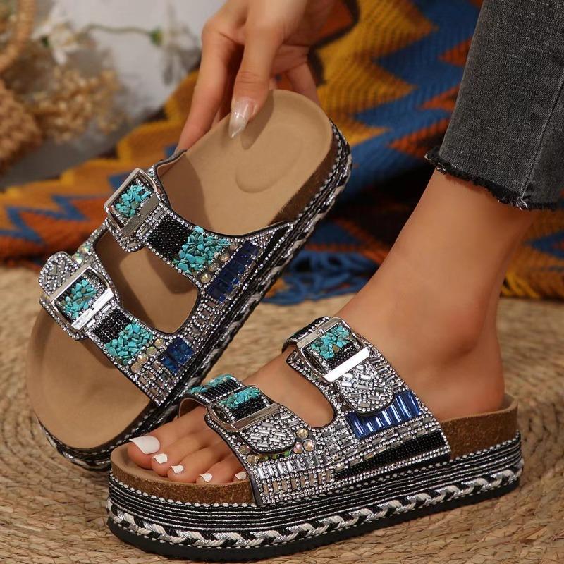 Fashion Retro Thick Bottom Double Buckle Rhinestone Cork Slippers Women's Casual Slippers Omns Lippers