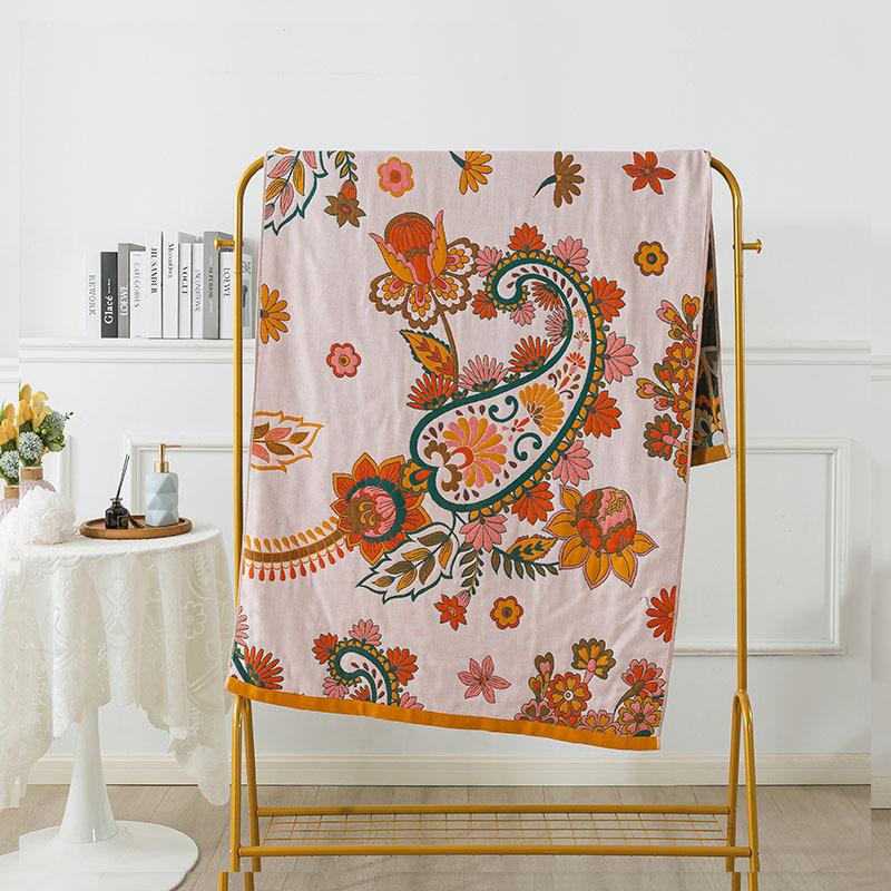 90 X180cm Absorbent Quick Drying Floral Large Bath Towels 4 Layer Gauze Towel Cotton Blanket Boho Jacquard Air Conditioning Thin Comforter Blanket 1pc