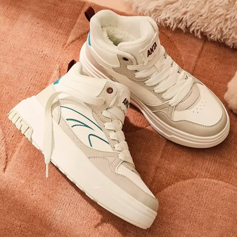 New Anta Sponge Cake Anti-Slip Wear-Resistant High-Top Skateboard Shoes Women's White Beige Green 922448907-2