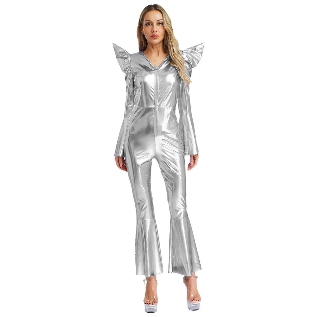Metallic Shiny Bell Bottom Jumpsuit for Women S-3XL: Disco Style Romper with High Waist & Long Sleeves, Halloween Costume