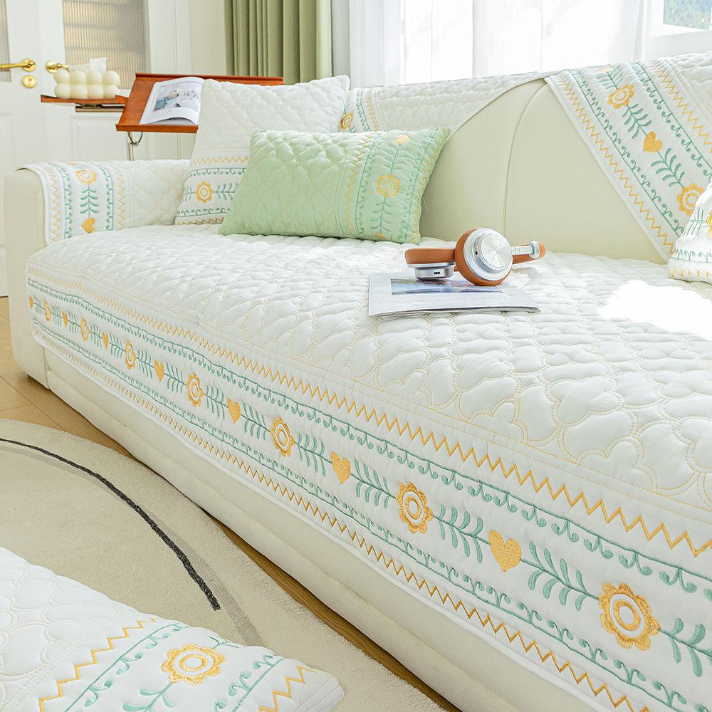 Pure Cotton Embroidered Quilted Sofa Cushion, Universal for All Seasons, Simple Fabric Seat Cushion, Practical Sofa Towel