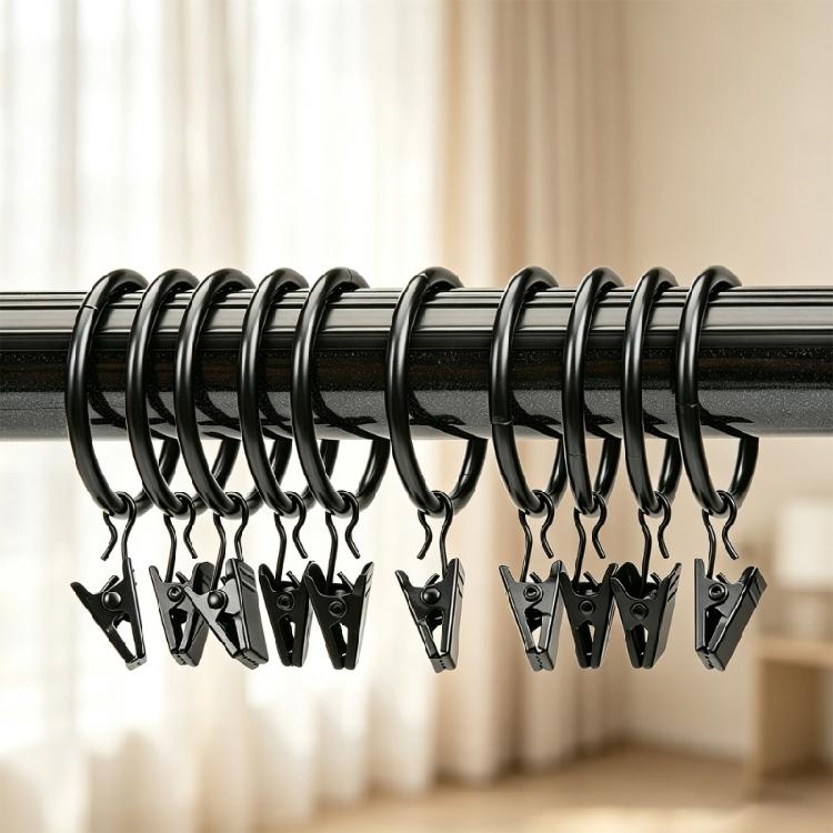 Pack of 10 Multipurpose Metal Curtain Rings with Clips 25 mm Interior Diameter for Curtain Rod, Drapery Hangers Easy Installation for Home Decors