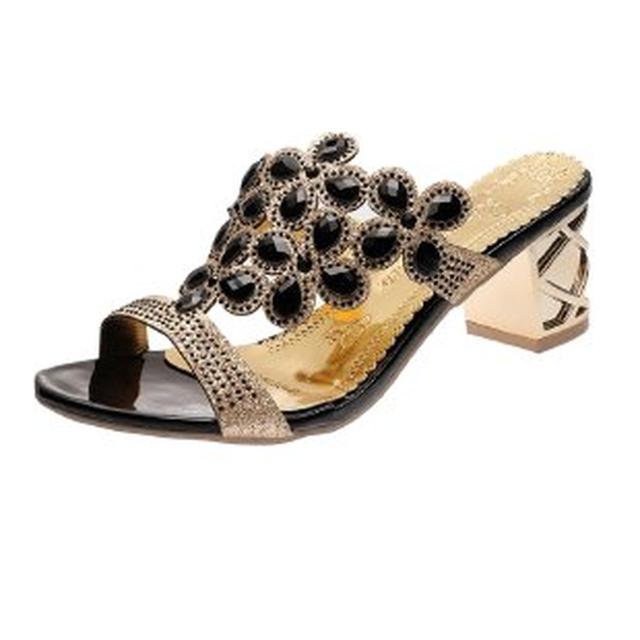 Летние сандалии, женские тапочки, роскошные женские туфли на высоком каблуке со стразами, тапочки на массивном каблуке с ромбовидными шипами