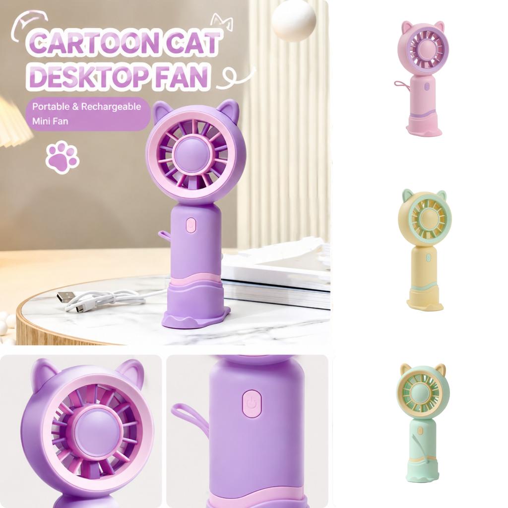 Portable Rechargeable Desktop Fan Small Personal Handheld Fan with Cute Animal Ear Design USB Charging Mini Fan for Office Travel
