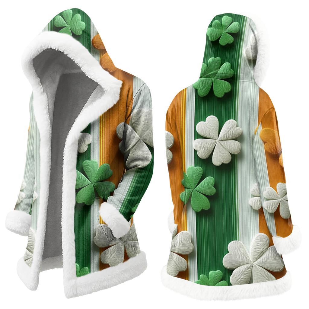 Unisex Casual And Fashionable Plush Collar Hooded Long Sleeved St. Patrick's Print Jacket