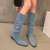 Модные высокие ботинки с острым носком женские на среднем каблуке замшевые массивные хлопковые туфли женские тренд 2024 готика челси ботфорты туфли-лодочки ботинки женские