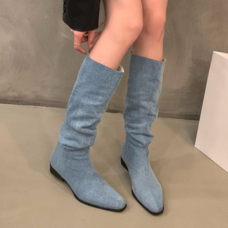 Модные высокие ботинки с острым носком женские на среднем каблуке замшевые массивные хлопковые туфли женские тренд 2024 готика челси ботфорты туфли-лодочки ботинки женские