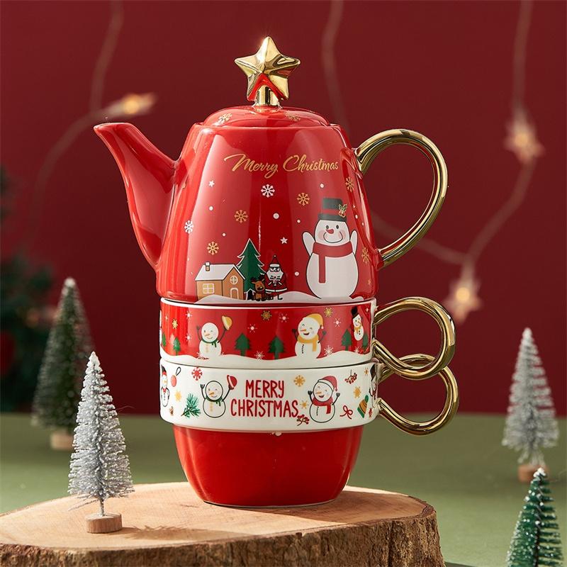 Christmas Ceramic Teapot Teacups Set with Gift Box Santa Claus/Elk Cartoon Teaware Coffee Cup Home Party Decor Christmas Gifts
