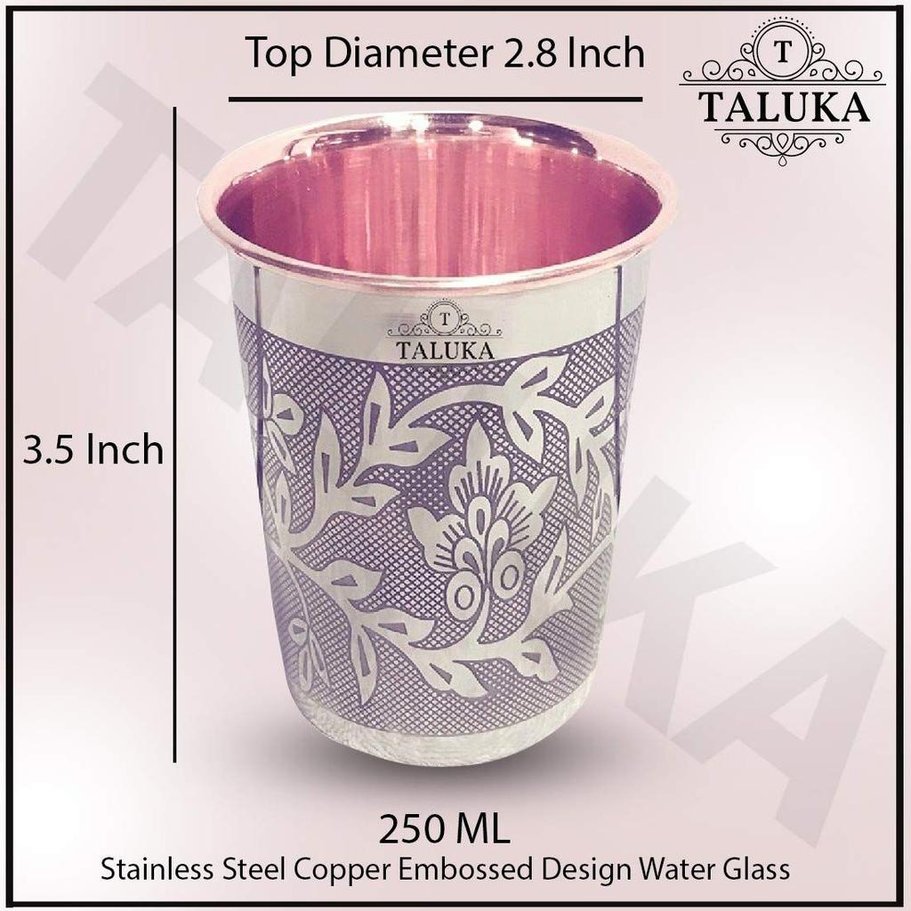Set of 4 Etching Embossed Design Steel Copper Glass Tumbler Cup, Drinkware Serveware, Health Benefits Ayurveda Yoga