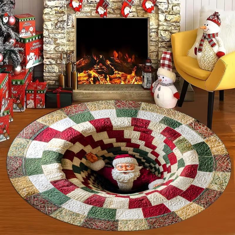 Santa Claus Round Carpet 3D Optical Illusion Pattern Floor Mat Christmas Holiday Decor Non-Slip Rug for Living Room Bedroom