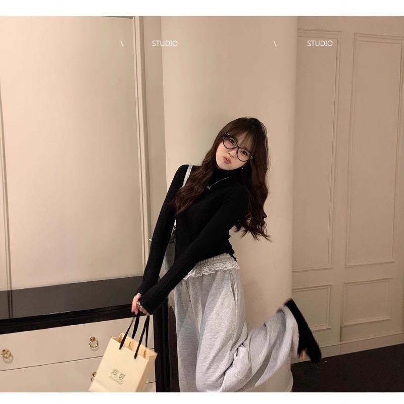 White Semi-turtleneck Fungus Edge Bottoming Shirt Women's Spring and Autumn Sweater with Long-sleeved Lace Knitted Top