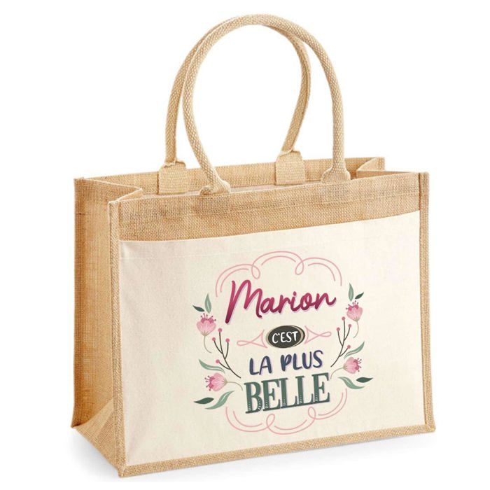 Sac cabas - PLANETEE - jute avec poche Marion la plus belle - jute naturel - imprimé en France - 43x33 cm