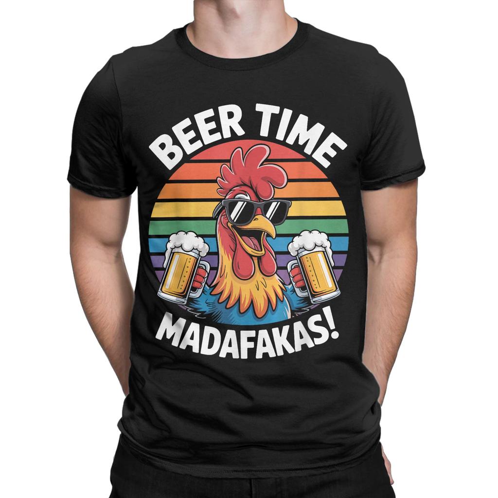 Funny Chicken Beer Time Madafakas Mens T Shirt Amazing Tee Shirt Short Sleeve Crewneck TShirts Cotton Original Clothing