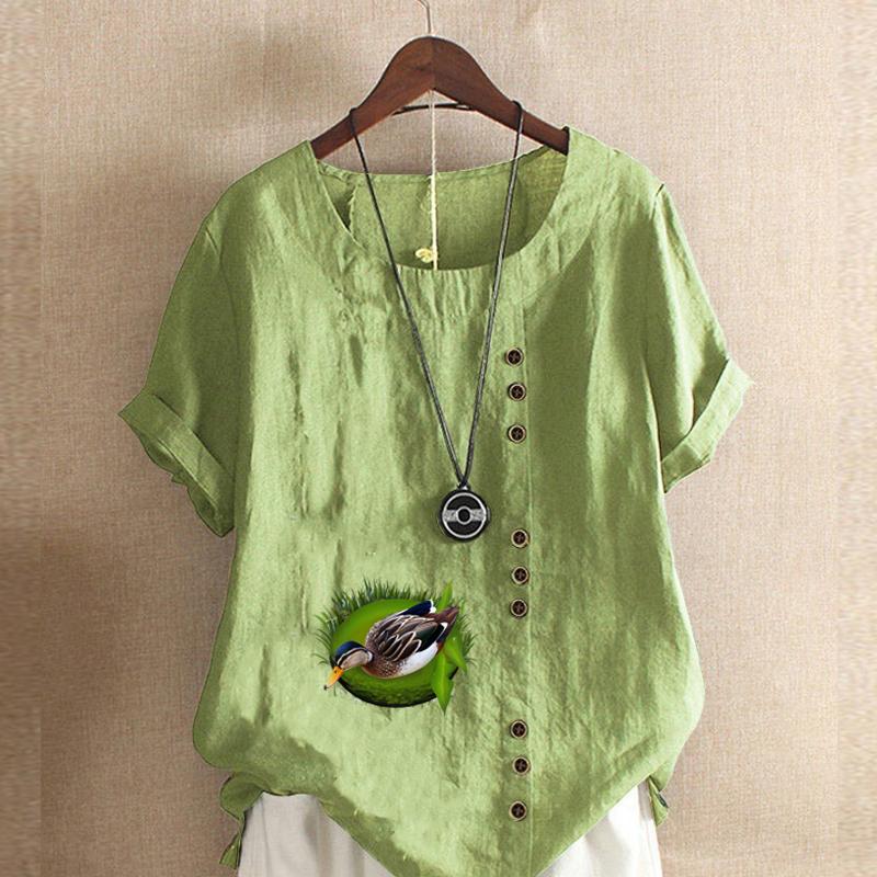 Women's Fashion Duck Prined Round Neck Short Sleeve T-shirt Casual Cotton Linen Graphic Shirt Leisure Loose Summer Blouse Tops