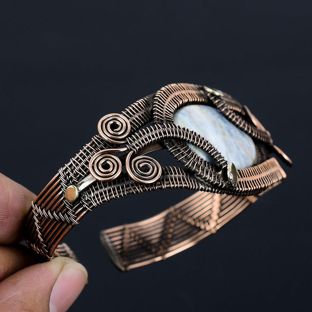 Owyhee Opal Gemstone Pure Copper Wire Wrapped Handmade Cuff/Bangle Jewelry