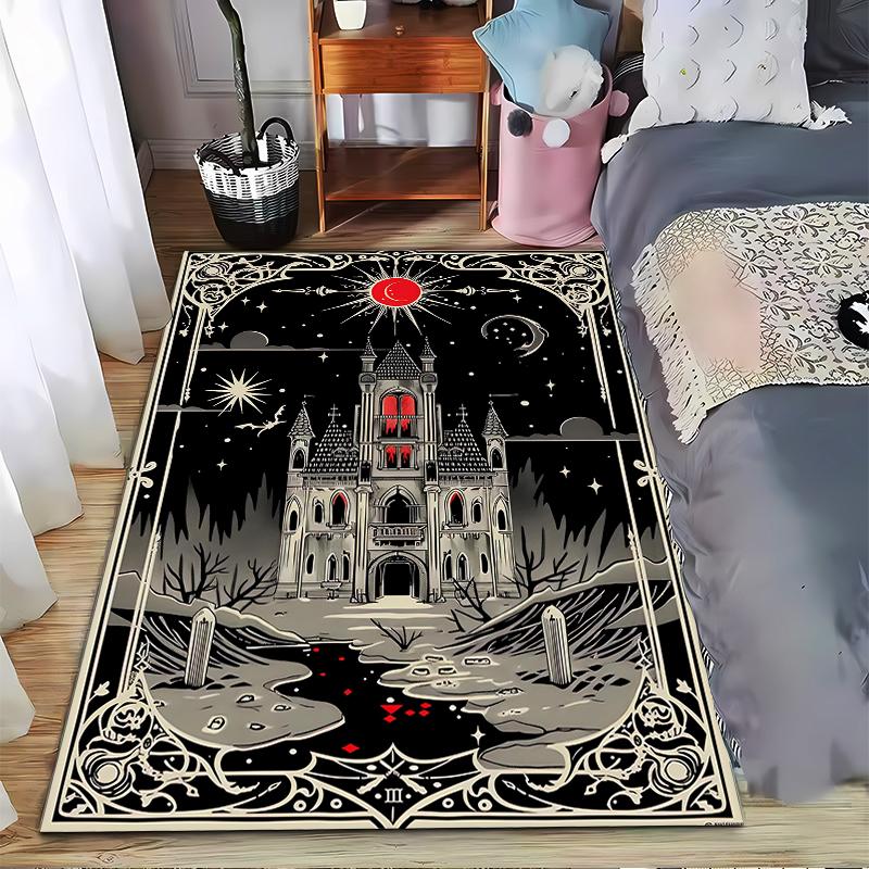 Gothic Castle Night Scene Rug with Moon and Starry Sky Print Suitable for use as an anti-slip for living room bedroom sofas