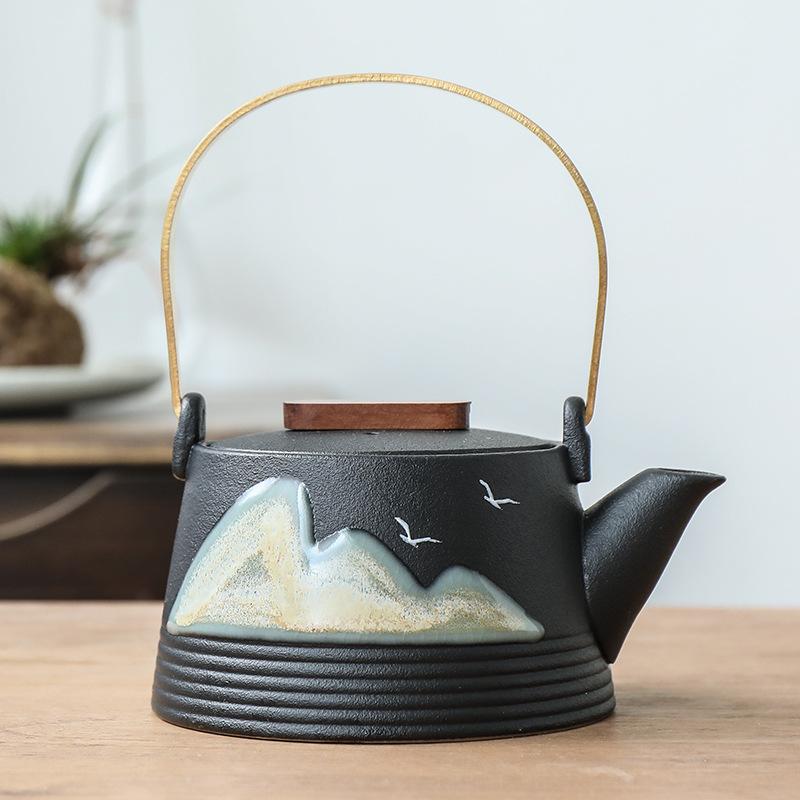 Black Pottery Green Hill Side Handle Pot Japanese Vintage Ceramic Kung Fu Tea Set Tea Pot Coffee Teapot Teapot Clay Water Kettle