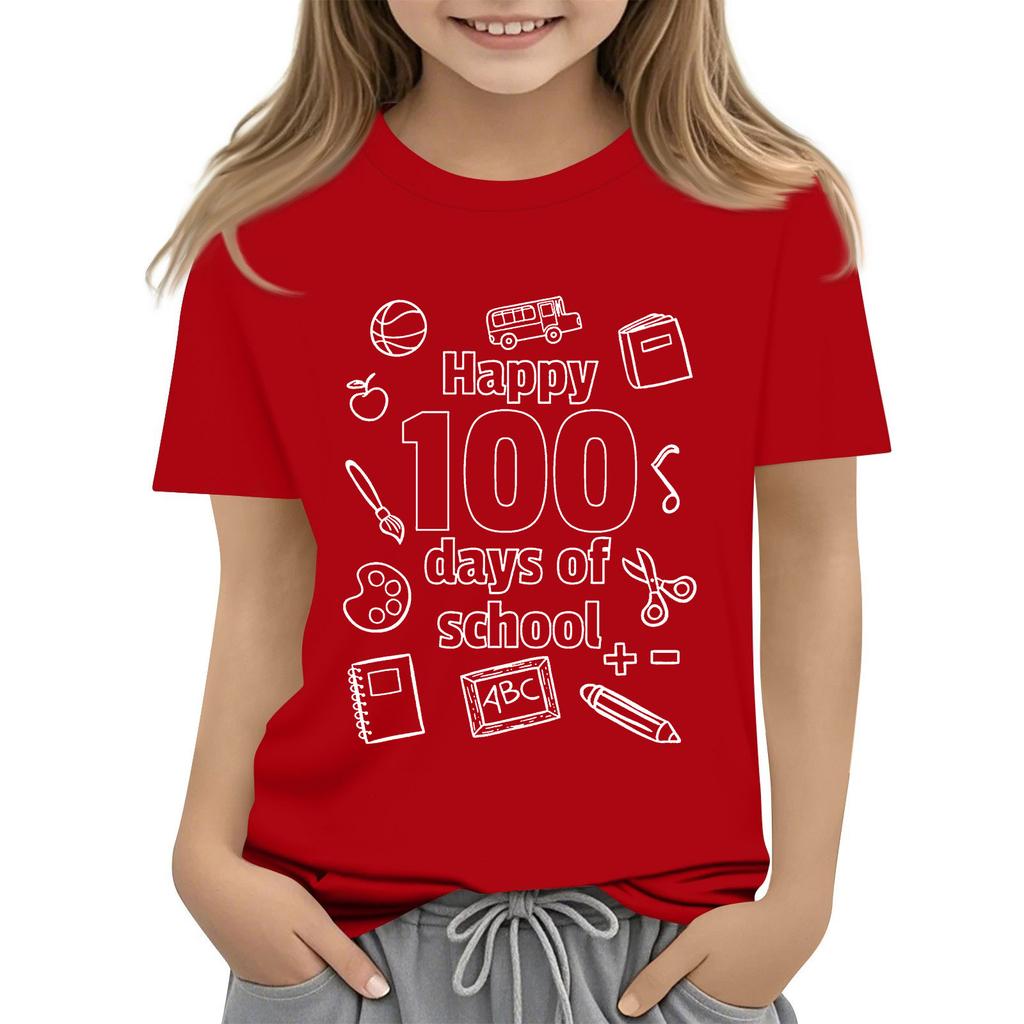 Kids Fashion Casual Short Sleeve 100 Day School Anniversary Printed Round Neck T-Shirt Top