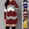 Women Autumn O Neck Long Sleeve Color Block Bodycon Warm Mini Sweater Dress