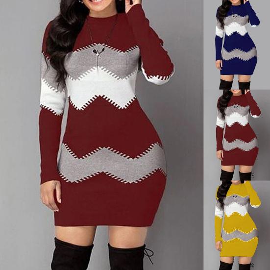 Women Autumn O Neck Long Sleeve Color Block Bodycon Warm Mini Sweater Dress