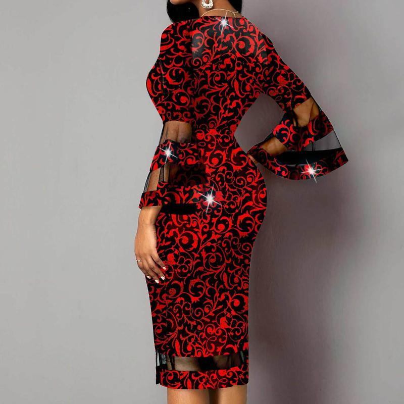 Элегантное женское сетчатое платье с принтом и V-образным вырезом, темпераментные платья