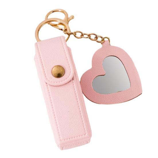 Lipstick Clip Keychain Pendant with Mirror Imitation Leather Lip Gloss Holder Heart-Shaped Pendant Alloy Key Ring