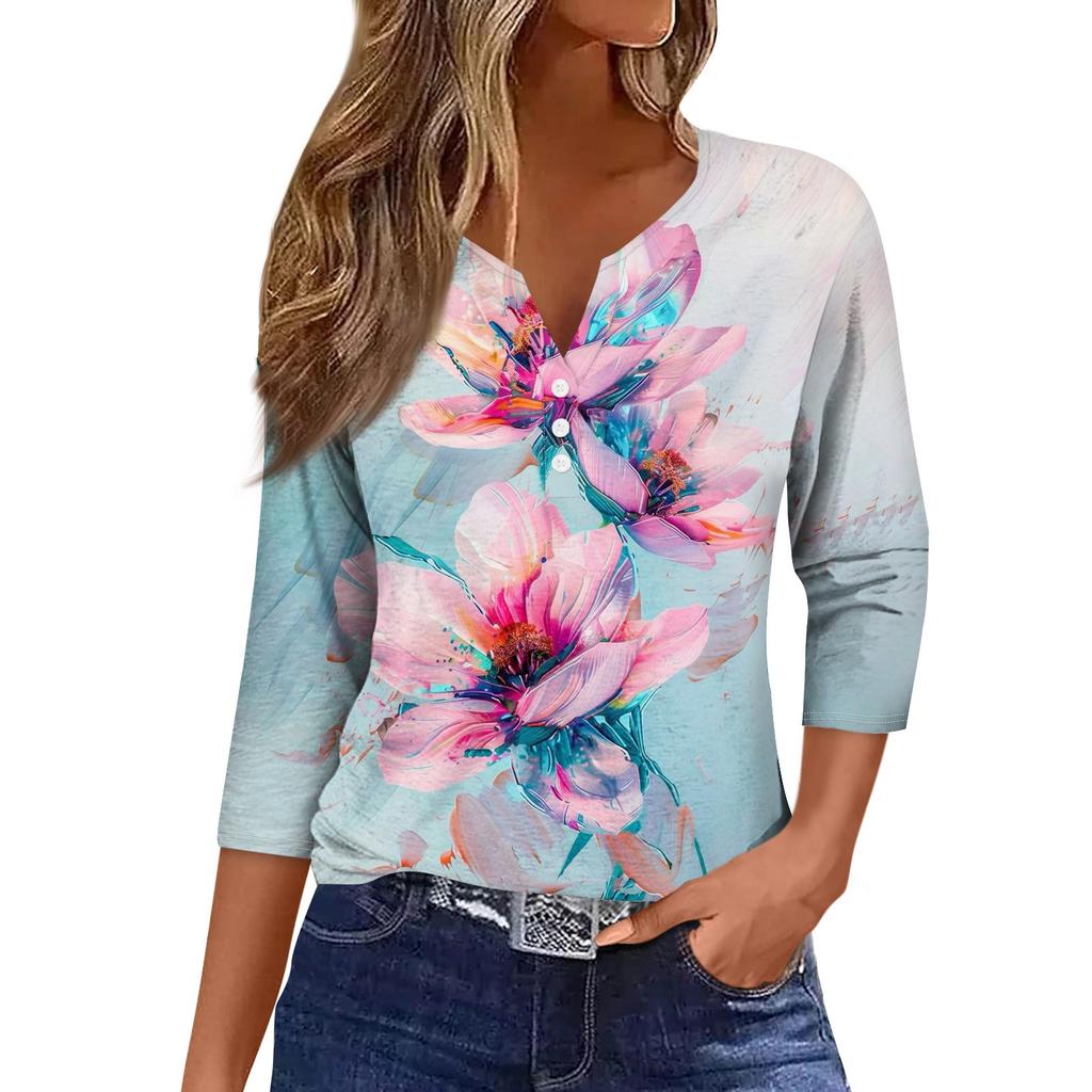 Женская модная повседневная футболка с коротким рукавом и V-образным вырезом, декоративными пуговицами и рукавом три четверти