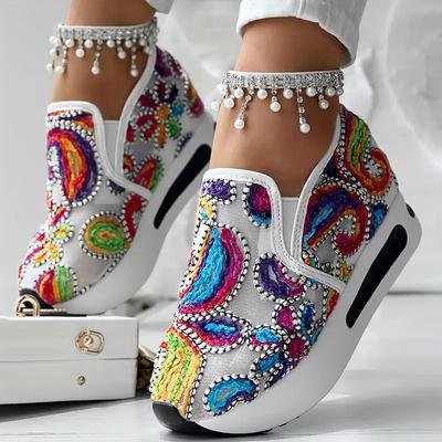 Кроссовки с цветной вышивкой на танкетке, кроссовки для бега