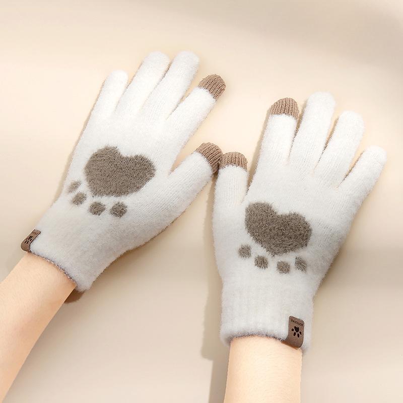 Touch Screen Cat Claw Cold-proof and Warm Gloves for Women Velvet Thickened Wool Knitted Gloves for Autumn and Winter