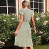 Summer Women V Neck Shoirt Sleeve Lace Up Long A Line Chic Print Green Pleated Dresses