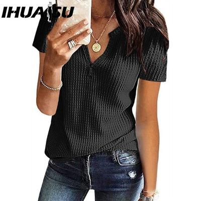 Весна-лето Однотонный вафельный топ с короткими рукавами и V-образным вырезом для женщин