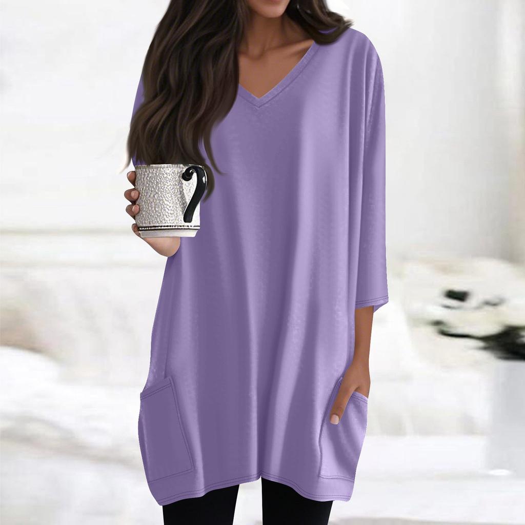 Womens Tops V-neck 3/4 Sleeve Blouses Casual Mid-length Shirts Fashion Print Tunic Tops With Pockets