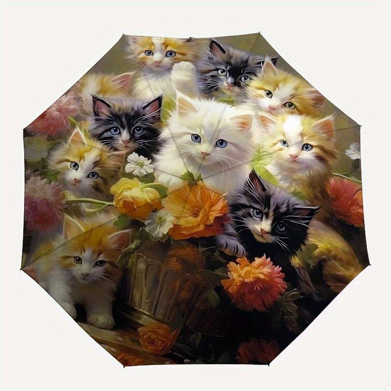 Kittens, Flowers Theme 8 Bone Hand Automatic Folding Umbrella, Compact and Portable Design, A Perfect Gift for Birthday, Christmas or Busine
