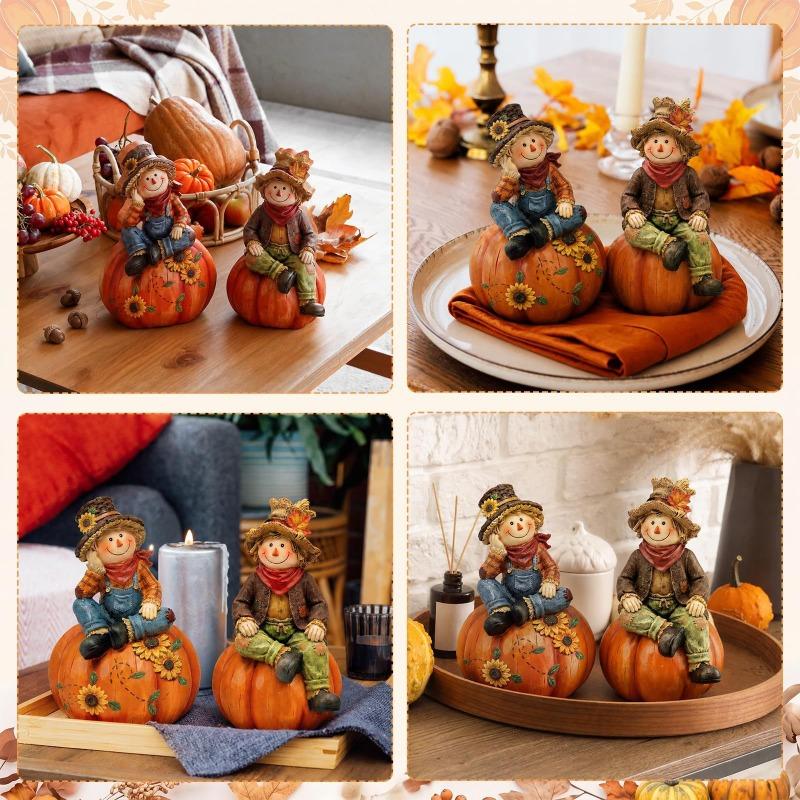 2 Autumn scarecrow Wooden Tabletop Ornaments for Thanksgiving, Pumpkin maple leaf Dining Table, Fireplace Bookshelf Decoration