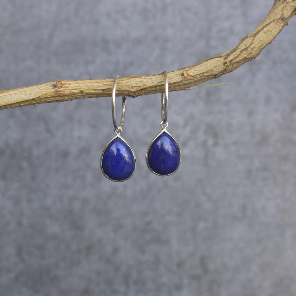 Genuine Lapis lazuli earrings Lapis hoop earrings Sterling silver hoop earrings for women Handmade earrings for her Unique gifts