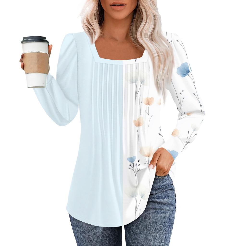 Long Sleeve Shirts For Women Tops Dressy Casual Blouses Pleated Square Scooped Neck Tunic Tops