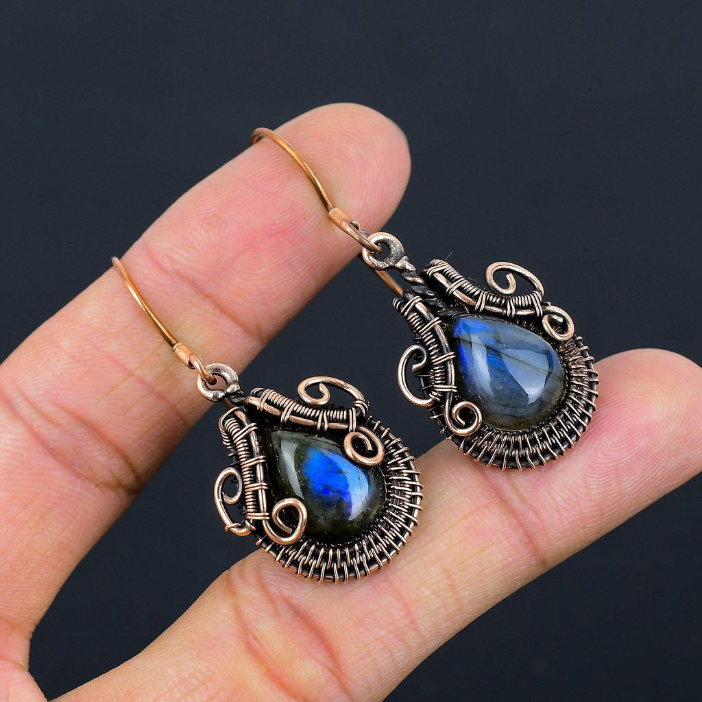 Beautiful Labradorite Gemstone Pure Copper Wire Wrapped Handmade Earrings Gift For Her