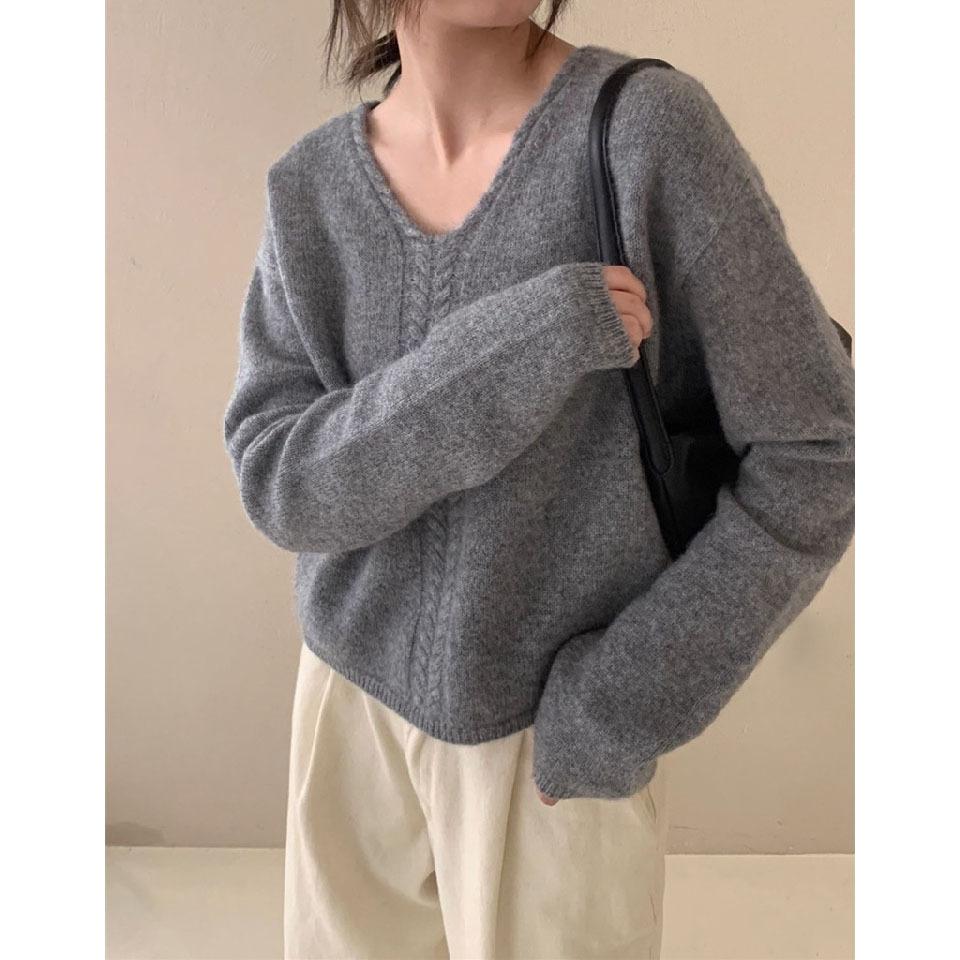 Women's V-neck Pullover Sweater Autumn and Winter New Loose Knit Sweater for Women