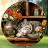 Hisun Tin Sign Vintage Sleeping Tabby Cat  Flowers Round Tin Sign Retro Cozy Cottagecore Themed Metal Wall Art Plaque Waterproof Rustic Iron