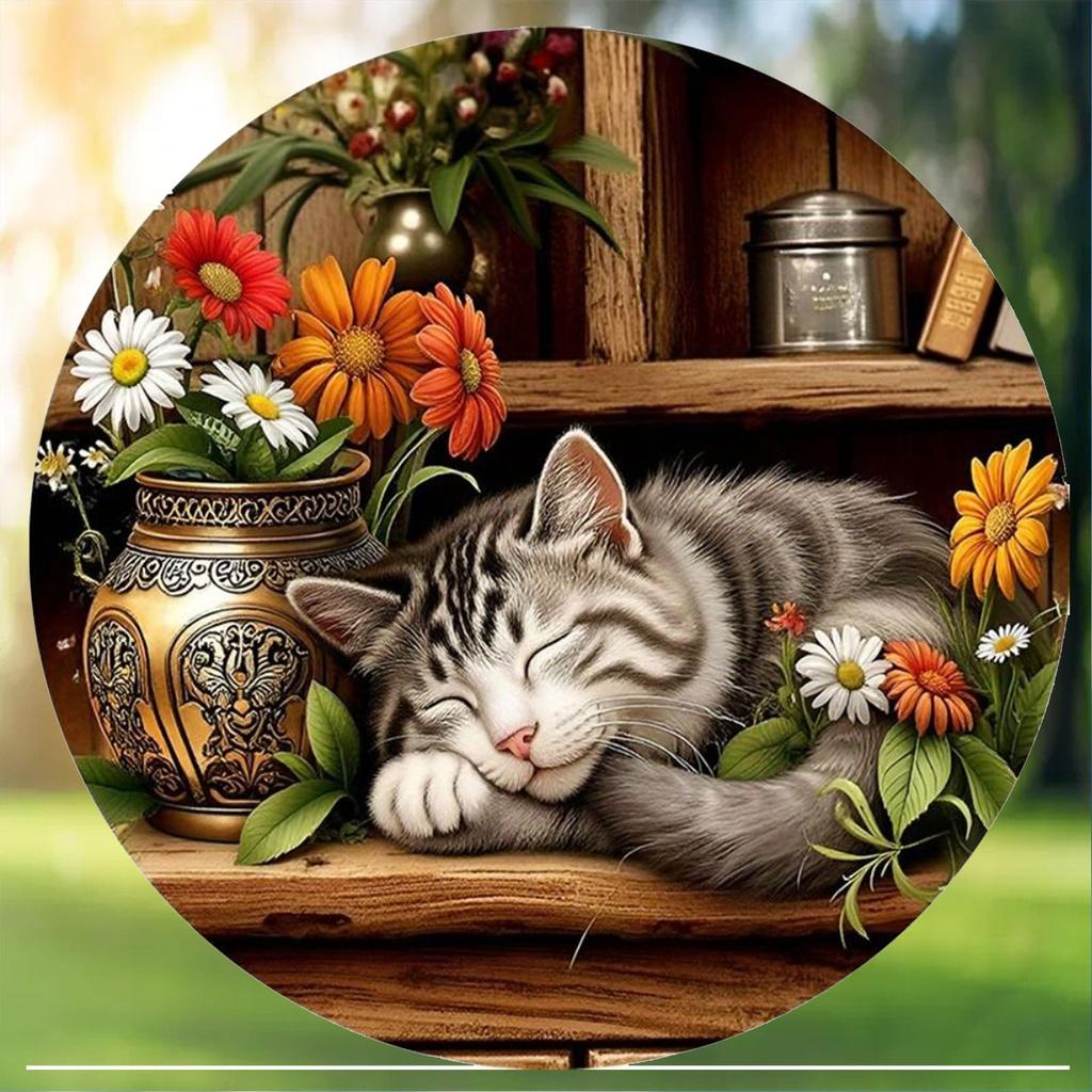 Hisun Tin Sign Vintage Sleeping Tabby Cat Flowers Round Tin Sign Retro Cozy Cottagecore Themed Metal Wall Art Plaque Waterproof Rustic Iron