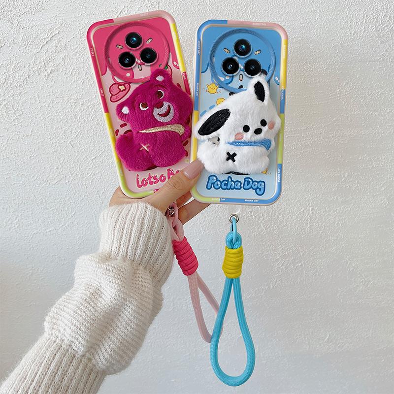 KEYSION Милый 3D мультяшный плюшевый чехол для Realme 14 Pro 5G с ремешком, силиконовый противоударный чехол для телефона OPPO Realme 14 Pro+ 5G