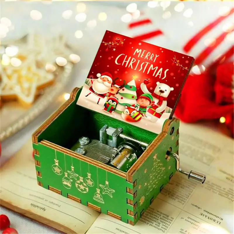 Merry Christmas Music Box Wooden Metal Movement Handheld Christmas Home Office Cafe Decoration Gift Music Box