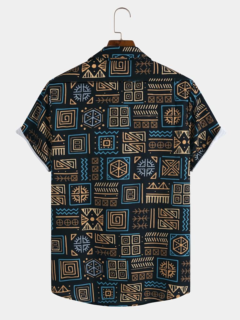 Men'S 3D Printed Black Background Ethnic Totem Lapel Short Sleeved Shirt, Retro Tribal Style Cardigan, Comfortable And Breathable Fabric, Regular