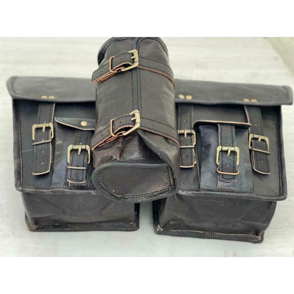 Hand-Crafted Black Leather 3 Saddle Bag Motorcycle Swingarm 2 Storage Tool Pouch