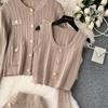 Autumn Winter Women Elegant Gold Button Knitted Sweater 3 Piece Set Single Breasted Jacket Coat Vest Long Midi Sheath Skirt Outfits